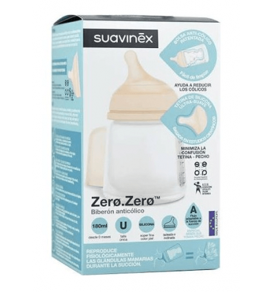 Suavinex Zero Zero biberón anticólico lactancia mixta tetina silicona flujo  M 270 ml